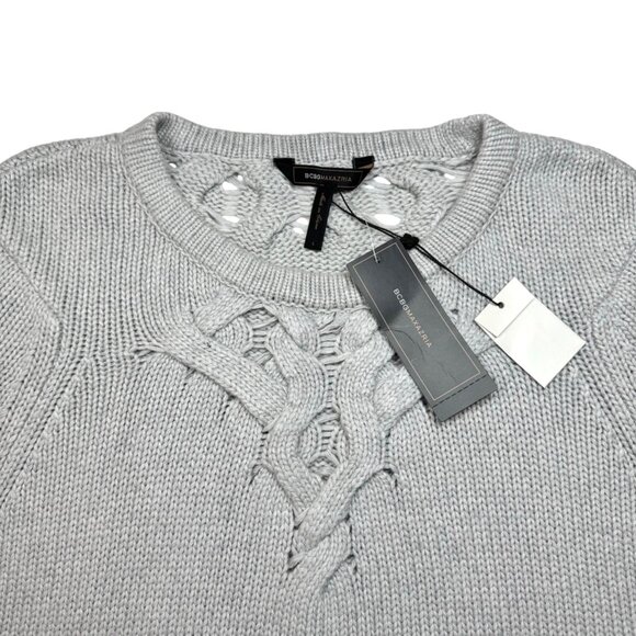 BCBGMAXAZRIA Chunky Sweater Sz.L Gray Wool Blend Boho Chic Coastal Cableknit - Picture 7 of 10
